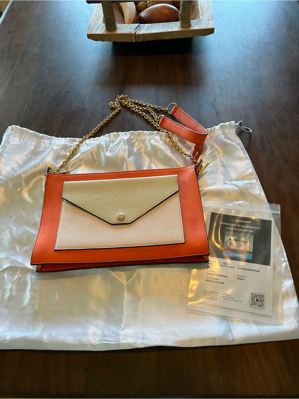 Celine Orange and Cream Leather Shoulder Bag with Gold Chain
